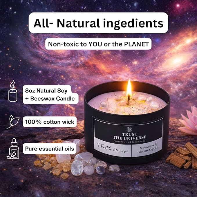 Trust the Universe Crystal Candle, 8oz Soy Wax with Moonstone & Selenite Crystals, Frankincense & Sandalwood Aromatherapy for Meditation, Manifestation & Spiritual Gifts for Women and Men