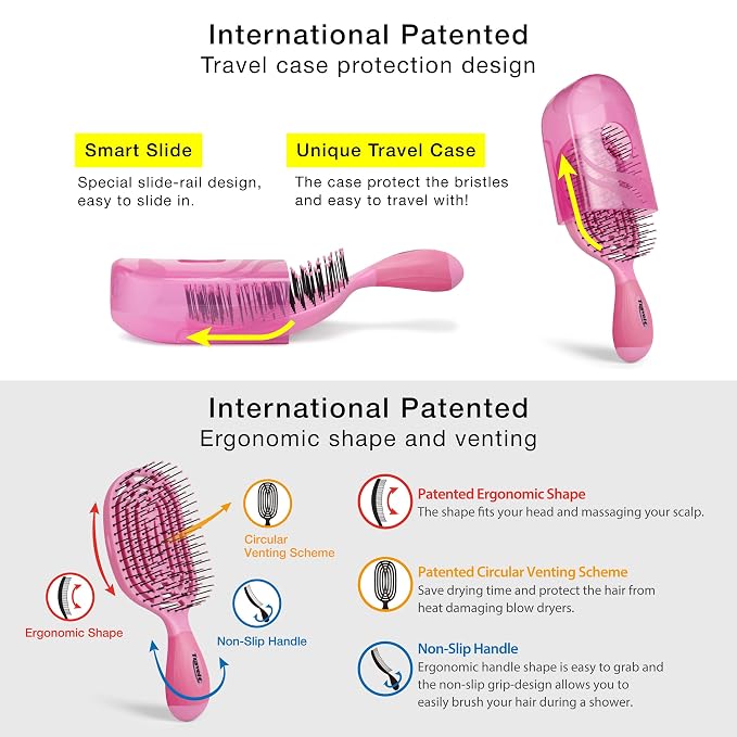 NuWay 4Hair® TravelC® U.S. Patented Single-Curve Scalp Care Travel Brush with Protective Case – Premium Portable Hair Health Tool with Heat-Resistant – Wet & Dry Use (Rose Pink)