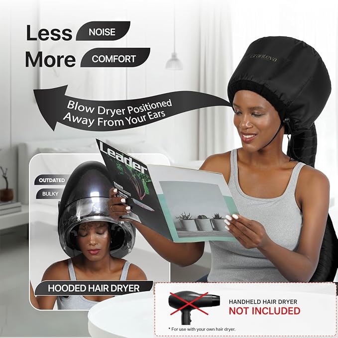Hooded Hair Dryer Attachment w/A Headband Integrated That Reduces Heat Around Ears & Neck - Hair Dryer Hooded Diffuser Cap for Curly, Speeds Up Drying Time, Deep Conditioning At Home - Portable, Large