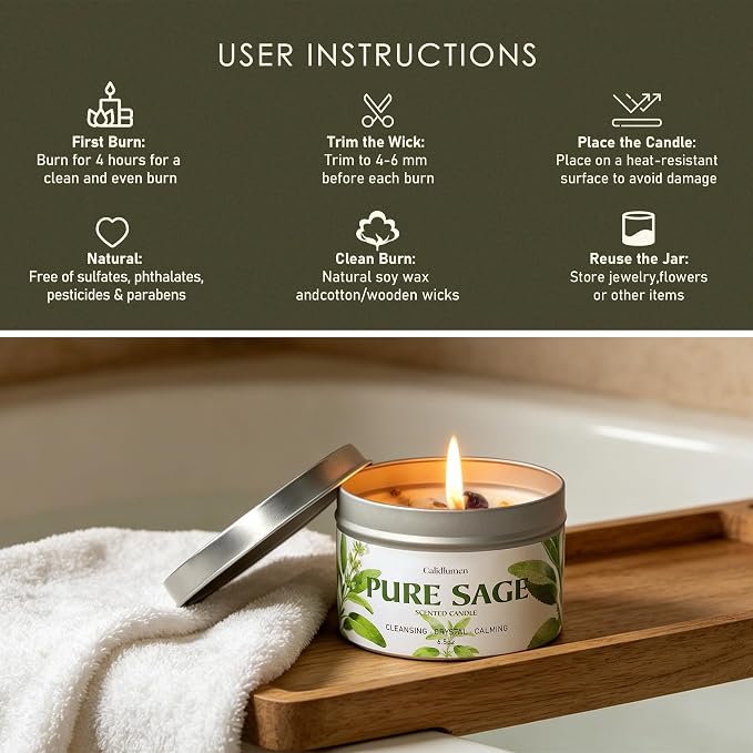 Pure Sage Candle for Cleansing - Soy Scented Candle with Crystals & Sage Leaves Inside, House Negative Energy Kit, Spiritual Gift for Women 6.5 oz