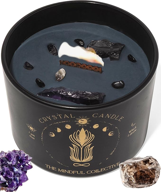 Large Candles for Women - 12oz Soy Wood Wick Candles that Crackle with Crystals and Healing Stones. Non-Toxic Scented, Luxury Aromatherapy (Crystal Black Candle)