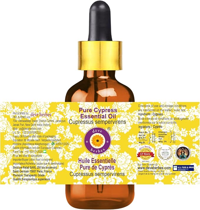 dève herbes Cypress Essential Oil (Cupressus sempervirens) with Glass Dropper | Pure | Non-Sticky | Non-Greasy | Lightweight | Men & Women | All Skin Types | Steam Distilled 5ml (0.16 oz)
