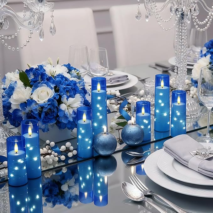 Raycare Independence Day Flameless Candle with Remote Timer – 5 Flickering Acrylic Battery Operated LED Pillar Candles with Embedded Star String for 4th of July Home Patriotic Decor, as a Gift (Blue)