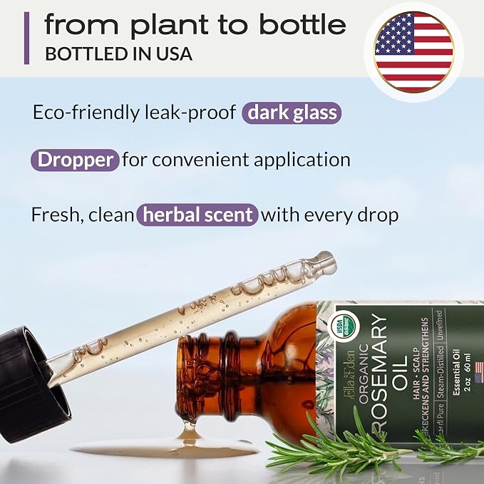 Ella & Eden Organic Rosemary Oil For Hair Growth - 2 Fl Oz, USDA Certified, 100% Pure, Steam-Distilled, USA Made, Hexane-Free - Rosemary Essential Oil for Skin, Aromatherapy - Glass Bottle
