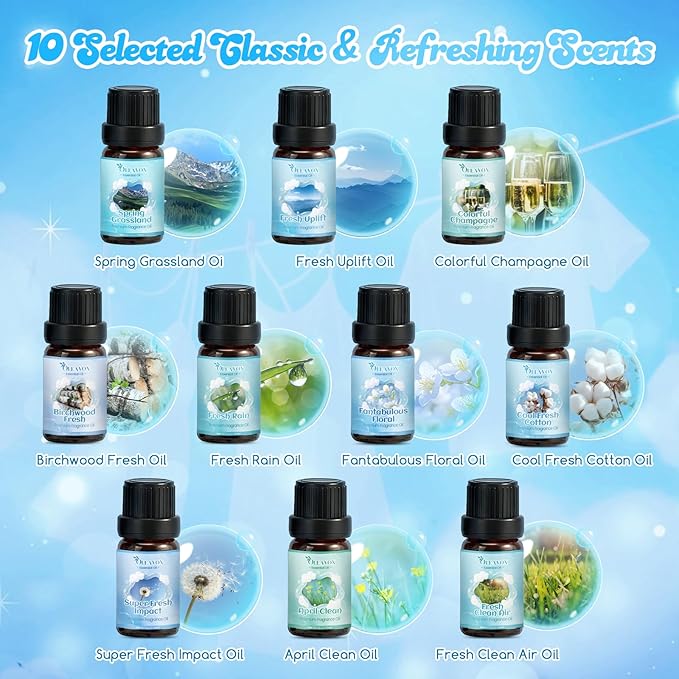 Clean Fragrance Oils Set,Gifts for Mom,10 Premium Essential Oils Set for Diffuser, Soap & Candle Making, Dryer Ball,Home Fragrance,Fresh Cotton, Fresh Clean Air, April Clean and More 10x5ml Scent Oil