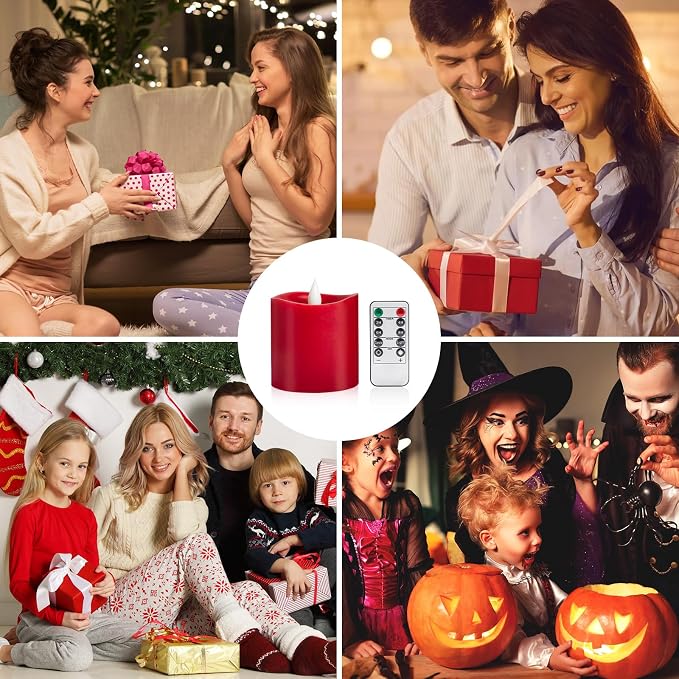 Red LED Pillar Candles 3x3 Inch - Battery Operated Flameless Candles with Remote Timer & Realistic Flickering Flame, 600+ Hours Lasting for Christmas Halloween Home Decor (1-Pack)