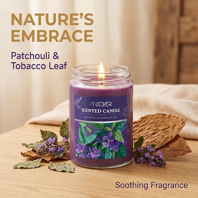 Scented Soy Candles, Patchouli & Tobacco Leaf, 11oz | Aromatherapy Jar Candle, 70 Hour Burn Time, Long Lasting, Gift