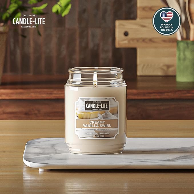 Candle-lite Fall Scented Candles, Creamy Vanilla Swirl, 18 oz Jar, Proudly Poured in The USA, Aromatherapy Candle, Single-Wick with 110 Hours of Burn Time, Perfect for Creating a Relaxing Ambiance