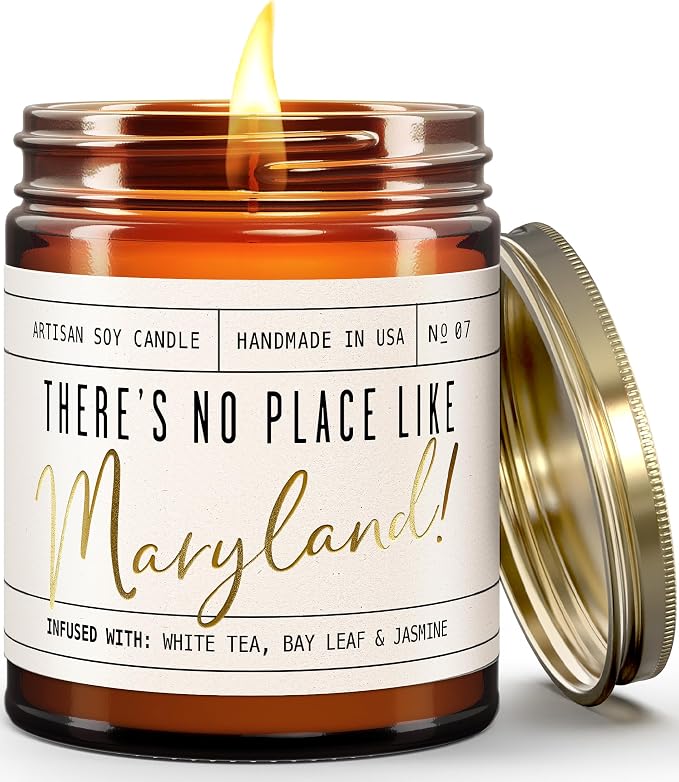 Maryland Gifts, Maryland Decor for Home - 'There's No Place Like Maryland Candle, w/White Tea, Bay Leaf & Jasmine I Maryland Souvenirs I Maryland State Gifts I 9oz Jar, 50Hr Burn, USA Made