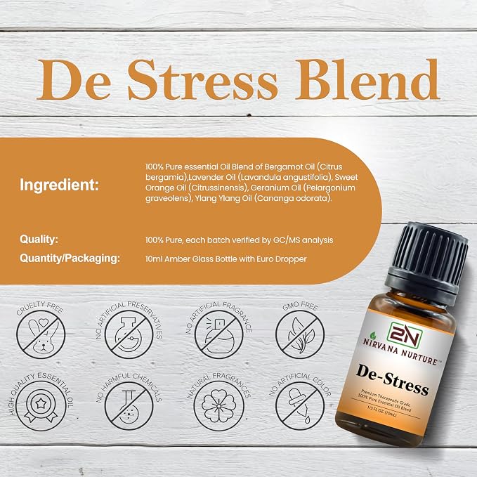 De Stress Blend 100% Pure Natural Premium Grade, Undiluted, Ease Stress, Aromatherapy, Mood Booster, Calm & Relax Mind