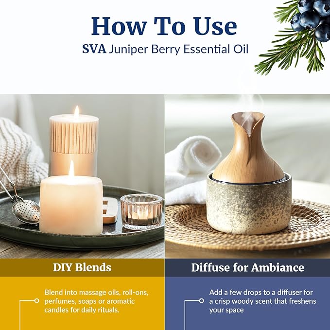 SVA Juniper Berry Essential Oil – 4 Fl Oz – 100% Natural Juniper Oil - for Diffuser, Hair Care, Face, Skin Care, Aromatherapy, Scalp and Body Massage, Soap and Candle Making – with Dropper