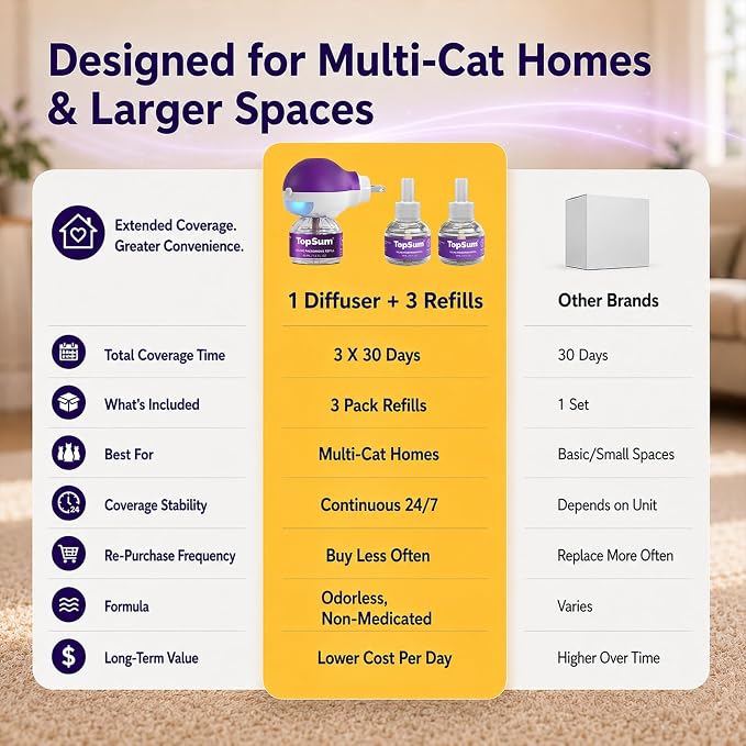 TopSum Cat Calming Pheromone Diffuser: Feline Pheromones Plug in for Stress, Alone At Home, Spraying, Fighting, Scratching, Aggression & Excessive Meowing (Purple–1 Diffuser+3 Refills)