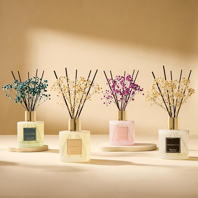 COCORRÍNA Reed Diffuser - Cashmere Vanilla 17 Fl.oz Reed Diffuser with 8 Sticks Scented Diffuser with Preserved Flowers for Bathroom Home Decor