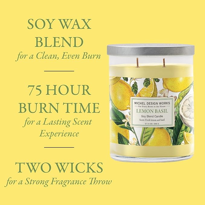Michel Design Works Lemon Basil Scented Candle, 14 oz Soy Blend Dual Wick Glass Jar Candle with Lid, 75 Hour Burn Time, Citrus Herbal Home Fragrance Gift