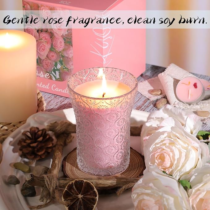 HAVITI Rose Scented Candle, Soy Jar Candles Gift Women,8 OZ Aromatherapy Pink Candles for Galentines Valentines Mother's Day, Bridal Shower, Home Decor