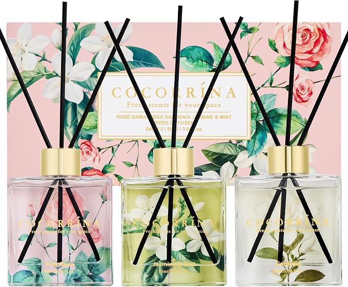 COCORRÍNA Reed Diffuser Set of 3-3 Pack/ 3.04 Fl.oz Diffuser with 24 Sticks Pink Rose/Gardenia/Jasmine & Mint, Reed Diffuser for Home Bathroom Office Decor