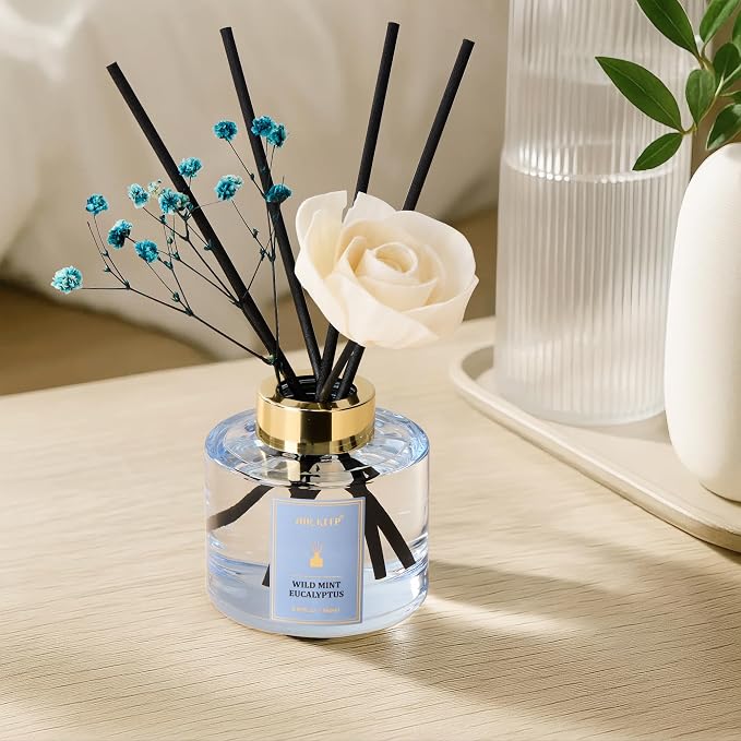 Airkeep Flower Reed Diffusers Set, 5.07 oz Wild Mint&Eucalyptus Scented Oil Diffuser with 8 Reed Sticks, Home Fragrance Diffuser Gift Set for Bathroom & Office Decor 150ml