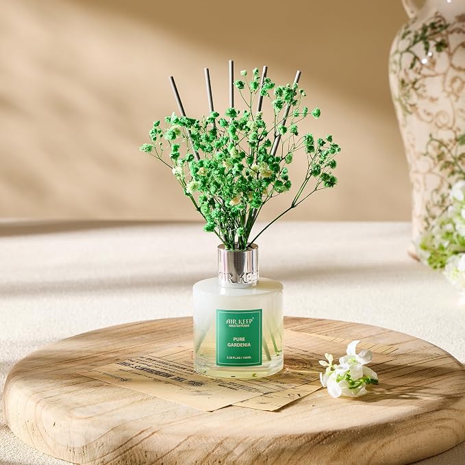 Airkeep Reed Diffuser Set,3.38 fl oz (100 ml) - Pure Gardenia Oil Diffusers with 8 Reed Sticks, Home Fragrance Reed Diffuser for Bathroom Shelf Decor