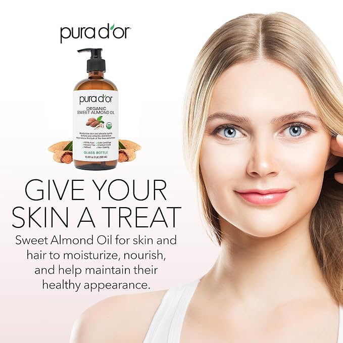PURA D'OR ORGANIC Sweet Almond Oil (16.9 Oz GLASS BOTTLE) 100% Pure & Natural USDA Certified