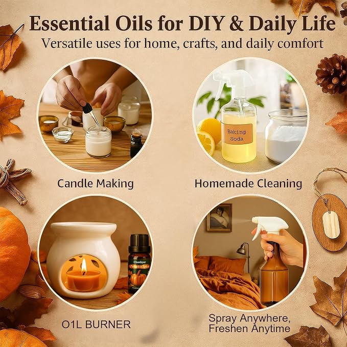 Fall Essential Oils Set 6x10ml-Pumpkin Spice,Apple Cider,Snickerdoodle,Vanilla,Cinnamon,Pine,Autumn Fragrance Oils for Diffuser,Home Scenting and Seasonal Gifts