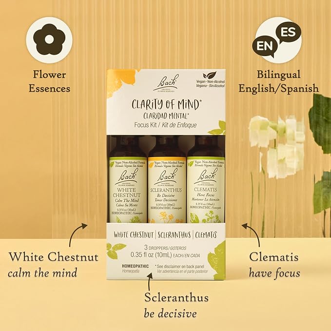 Bach Original Flower Remedies, Clarity Of Mind Trio Kit, For Focus & Mindfulness (Non-Alcohol Formula), Natural Homeopathic Flower Essence, Vegan, 3 x 10mL Droppers