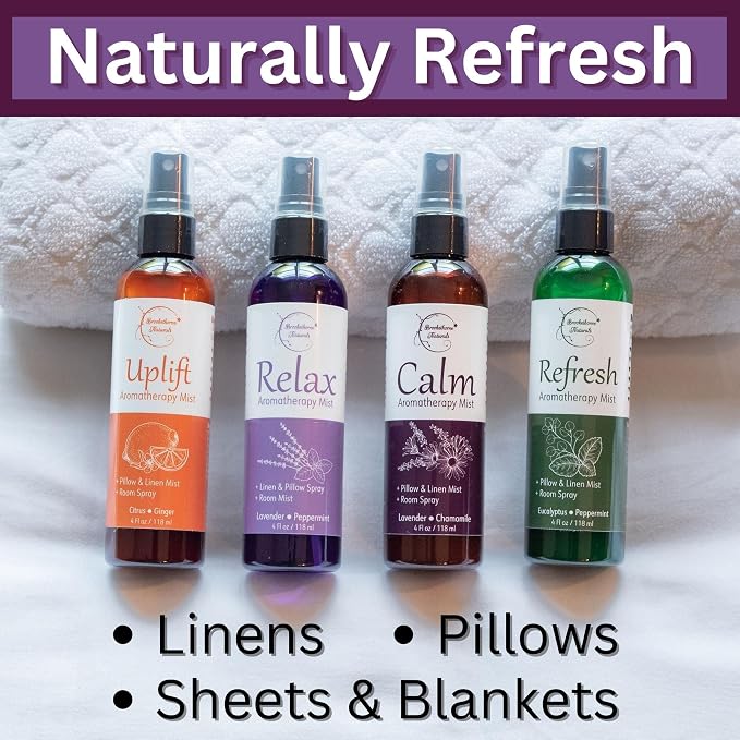 Aromatherapy Mist – Linen, Room & Pillow Spray, Set of 4 Natural Air Fresheners. Essential oil spray variety pack with Lavender, Chamomile, Eucalyptus, Peppermint & Citrus - Brookethorne Naturals