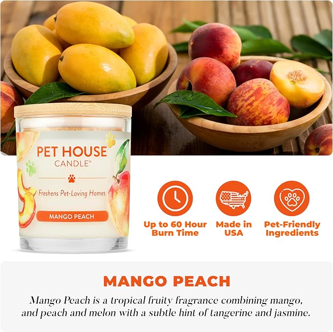 Pet House Candles, Plant-Based, Clean Burning, Long Lasting Pet Odor Candles for Home, 60 Hour Burn Time with a Natural Fiber Wick - Mango Peach, 2 Pack