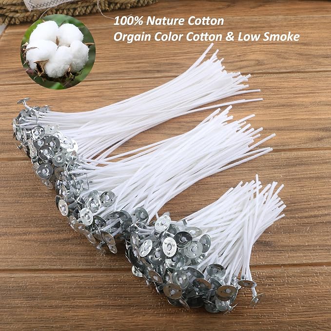 MILIVIXAY 300pcs Cotton Candle Wicks (3.5"/6"/8"), 300pcs Stickers, 6pcs Wooden Wick Holders - Candle Making Kit