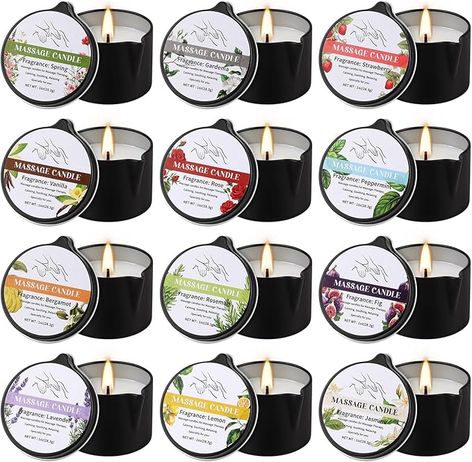 12pcs Massage Oil Candle,Moisturising Natural Soybeans Gift Sets,1oz Low Temperature Body Oil Scented Candles for Home Spa & Relaxation