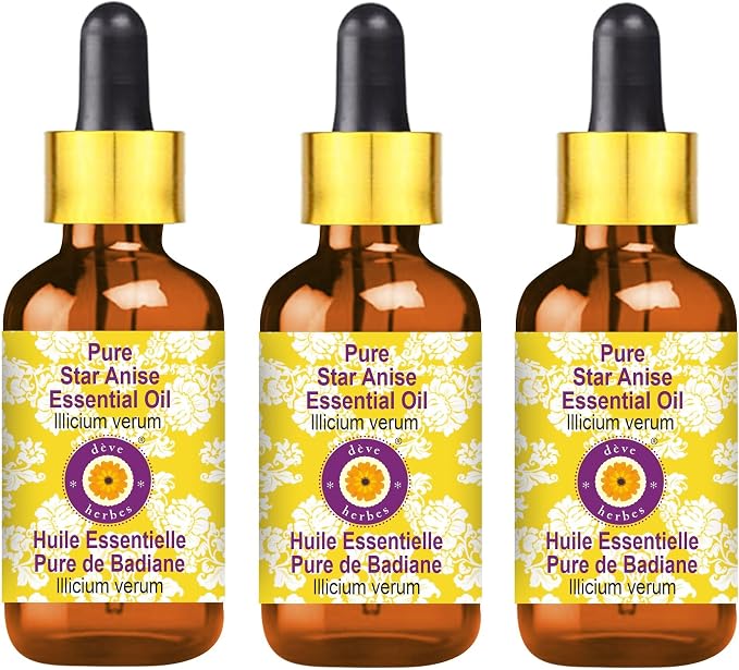 Deve Herbes Pure Star Anise Essential Oil (lllicium verum) with Glass Dropper Steam Distilled (Pack of Three) 100ml X 3 (10 oz)