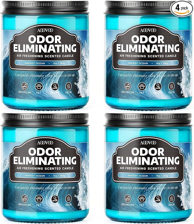 AOOVOO 4 Pack Fantasy Ocean Odor Eliminating Highly Fragranced Candle - Eliminates 95% of Pet, Smoke, Food, and Other Smells Quickly, Non Toxic Air Freshing Soy Candle
