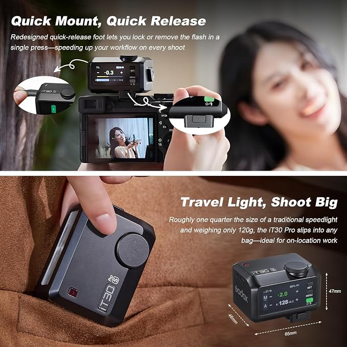 Godox IT30 Pro S TTL Mini Flash for Sony with Diffuser—Use for Flash ＆ Trigger,HSS 1/8000s,2.8" Full-Color Touchscreen,2.4G Wireless X System,560 Full Power Flashes(Black)