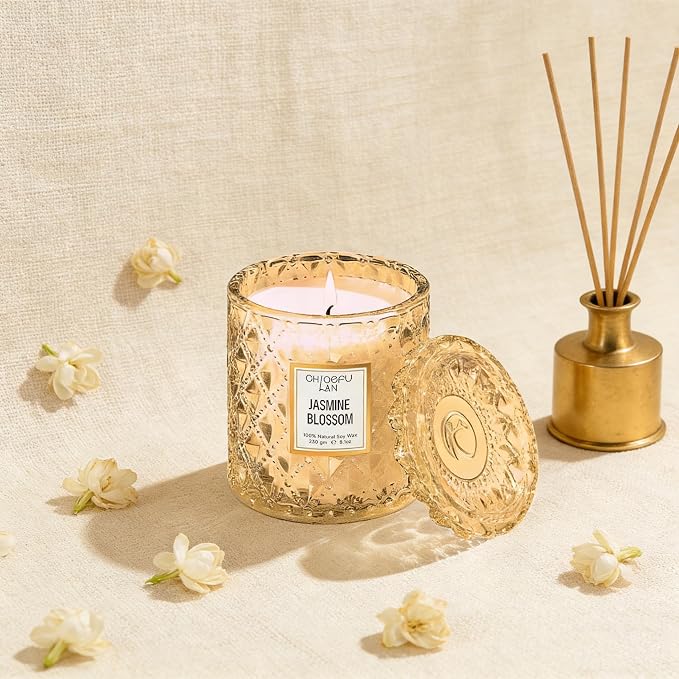 Jasmine Blossom Scented Candle, Luxury Soy Candles, 55 Hours Slow Burning, Non Toxic, Gift-Ready for Hosts & Gatherings, Farmhouses Home Decor, Long Lasting for Bath & Office, 8.1oz