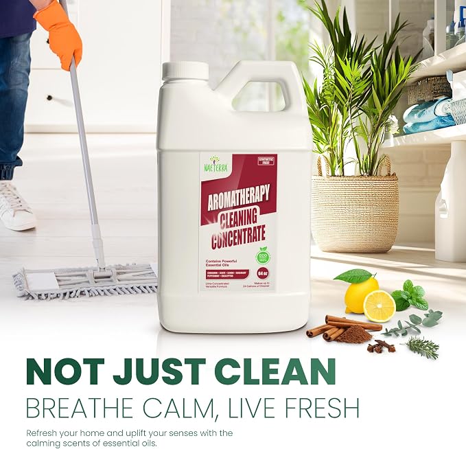Naeterra Aromatherapy Cleaning Concentrate 64 oz – Makes 24 Gallons Multi-Surface Cleaner + Microfiber Towel & 10ML Essential Oil Blend with Clove, Cinnamon, Rosemary, Eucalyptus, Lemon & Peppermint