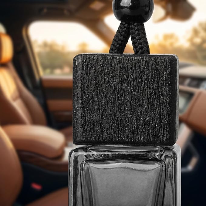 4Pcs Hanging Car Air Freshener Empty Diffuser Bottles, Black Glass Essential Oil Perfume Pendant for Auto Home Office Decoration