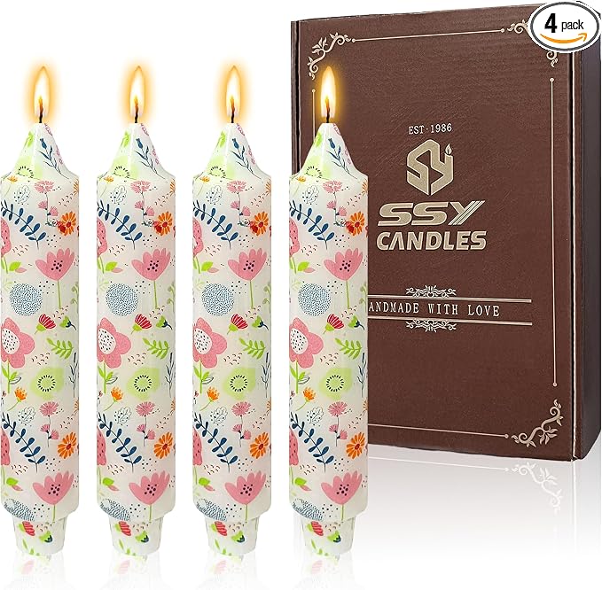 7 inch Short Candle Floral Candle Sticks Printed Candlestick Handmade Unscented Taper Candle 4 Pack Cute Flower Tapered Candles for Home Dinner Wedding Holiday