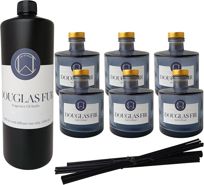 CW Studio Reed Diffuser Set – 6 Empty Glass Bottles with Caps, 1000ml Refill Bottle & 24 Reed Sticks – DIY Home Fragrance Kit for Living Room, Bedroom, Office | Blue Linens