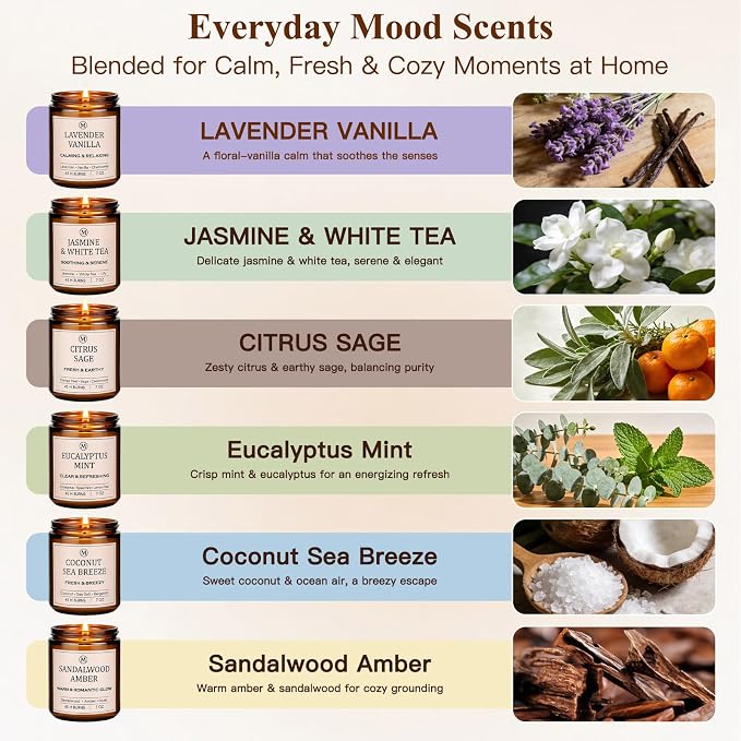 6-Pack Scented Soy Candle Set – Lavender Vanilla, Eucalyptus, Sandalwood, Jasmine & White Tea, Coconut, Sage | Natural Long Lasting Aromatherapy Candles for Home, Relaxation & Birthday Gifts