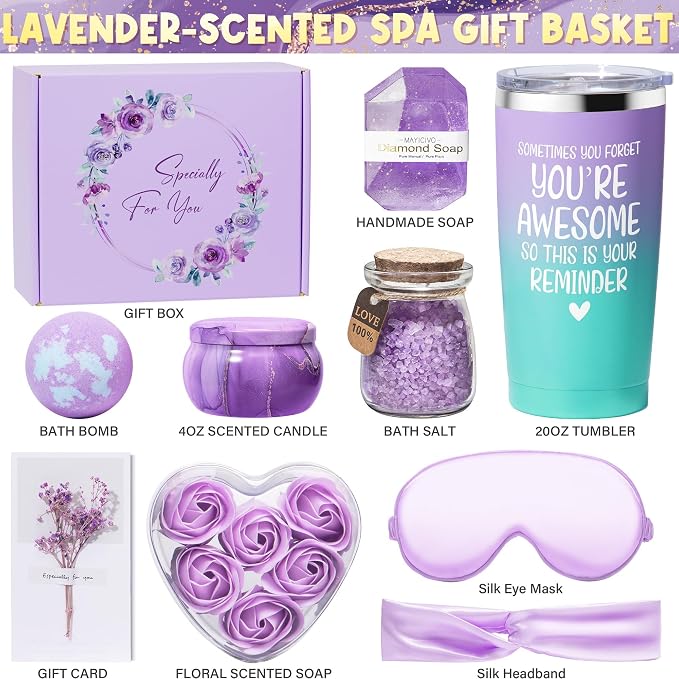 Birthday Gifts for Women Friendship, Lavender Relaxing Spa Gifts Basket for Women, Self Care Thank You Gift Bath Set Mothers Day Gifts for Mom Her Friends Wife Sister Coworker Nurse Teacher