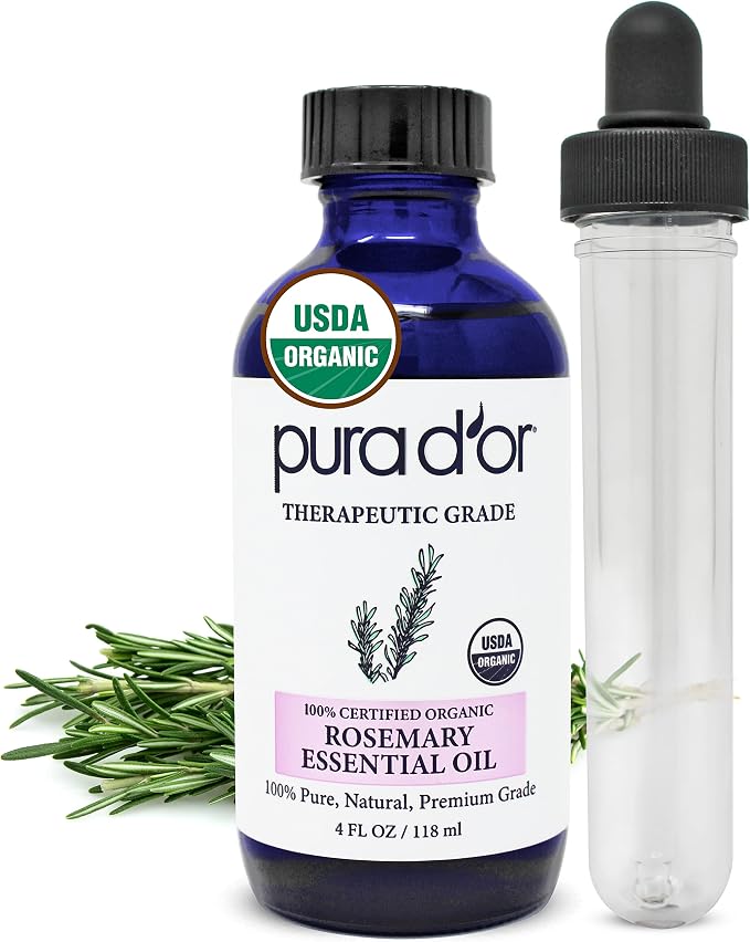 PURA D'OR Organic Rosemary Essential Oil, 4oz, Therapeutic Grade, for Hair, Body, Skin, Aromatherapy, Relaxation, Massage, Mood, Relief, Home, DIY Soap