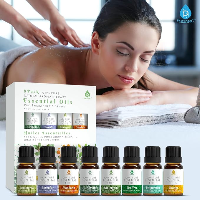Pursonic Essential Oils Set - 8 Aromatherapy Oils Blends Gift Set - 10ml Pure Essential Oils for Diffusers, Home, Massage & Bath(Eucalyptus,Lavender,Lemongrass,Orange,Peppermint,Tea Tree,Wintergreen)
