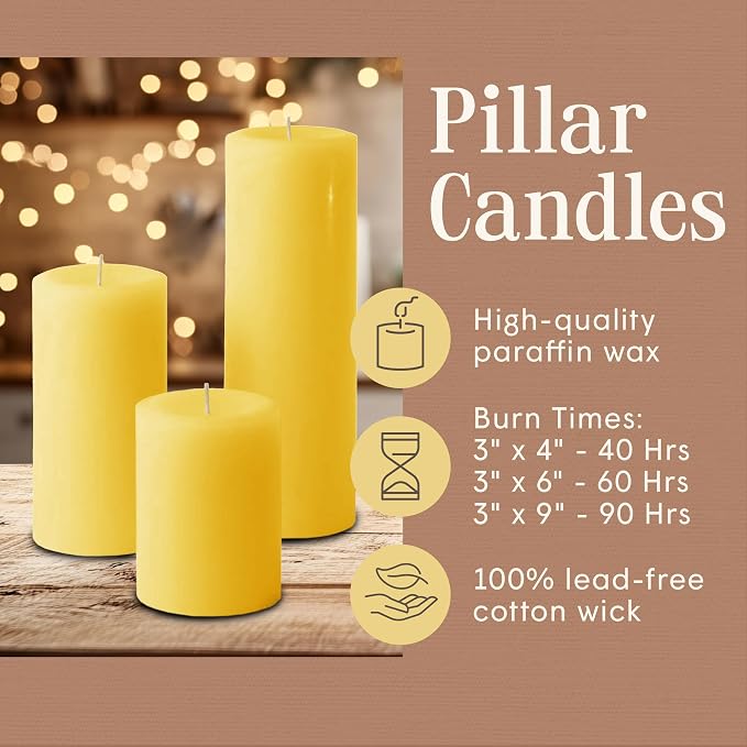 Mister Candle Unscented Dripless Pillar Candles Set of 3, Hand Poured 3 Inch Candles, Premium Wax, Decorative Pillar (3" x 4", 3" x 6", and 3" x 9", Yellow)