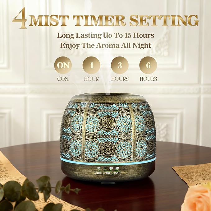 ARVIDSSON Essential Oil Diffuser 500ml, Aromatherapy Diffuser for Home, Ultrasonic Diffusers for Essential Oils, Metal Oil Diffuser with 7 Color LED Lights, Mist Timer and Auto Shut-Off Function