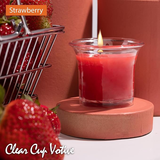 HYOOLA Clear Cup Scented Votive Candles - Strawberry - 12 Hour Burn Time - 4 Pack - European Made