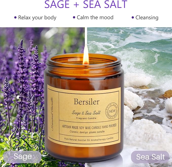 Aromatherapy Candles, Scented Candles, 7 OZ Sage Sea Salt Candles, Stress Relief and Relax for Home & Bedroom Gift for Women Birthday Christmas, Soy Wax Candle