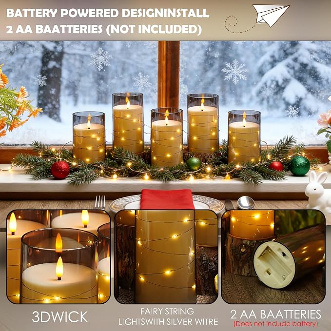 kakoya Flameless LED Candles with Timer 12 Pc Flickering Flameless Candles for Romantic Ambiance and Home Decoration Stable Acrylic Shell,with Embedded Star String，Battery Operated Candles(Grey)