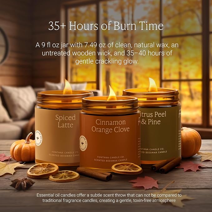 Fontana Candle Co Wood Wick Beeswax Jar Candle, Fall Candle Bundle – Made Safe with Coconut Oil & Pure Essential Oils – 35+ Hrs Clean Burn, Long Lasting and Non-Toxic Candles for Home & Room Decor