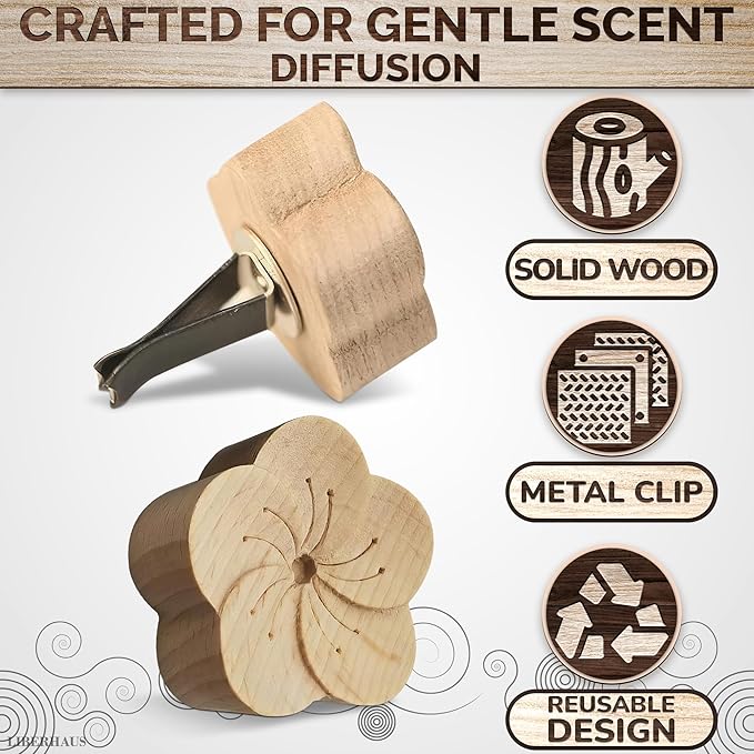 2 Pcs Car Essential Oil Diffuser Vent Clip – Reusable Oil-Absorbing Wooden Flower for Custom Scent, Essential Oil Diffuser for Car with Magnetic Hold – Vintage Air Freshener for Refreshing Your Space