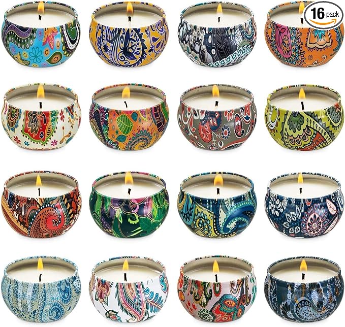Set of 16 Small Scented Candles Soy Wax Aromatherapy Candles 2.5 OZ Portable Tin Candles with Lid, Relaxation Gifts Basket for Mother, Women, Friends and Coworkers