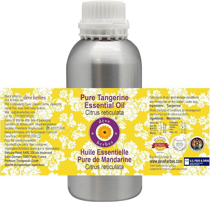 Deve Herbes Pure Tangerine Essential Oil (Citrus reticulata) Steam Distilled 300ml (10 oz)